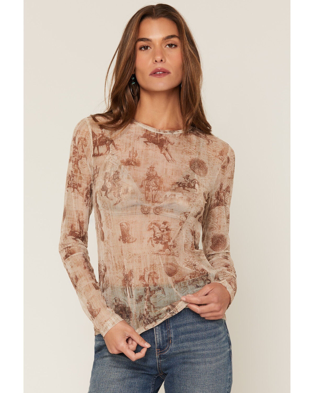 Image #1 - Shyanne Women's Oakvalley Western Print Long Sleeve Mesh Top, Beige, hi-res