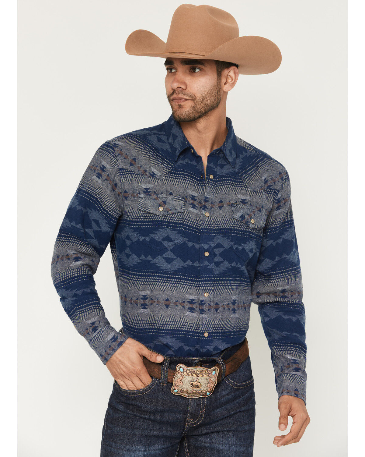 Image #1 - Cody James Men's Arrow Bear Southwestern Long Sleeve Snap Flannel Shirt - Tall, Blue, hi-res