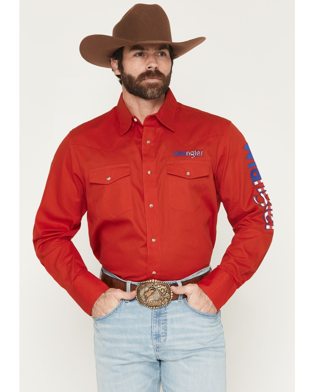 Image #1 - Wrangler Men's Americana Fill Logo Long Sleeve Snap Western Shirt, Red, hi-res