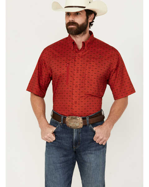 Ariat Men's VentTEK Southwestern Geo Print Short Sleeve Button-Down Western Shirt - Tall , Red, hi-res