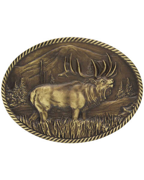 Montana Silversmiths Sculpted Wild Elk Heritage Attitude Belt Buckle, Gold, hi-res