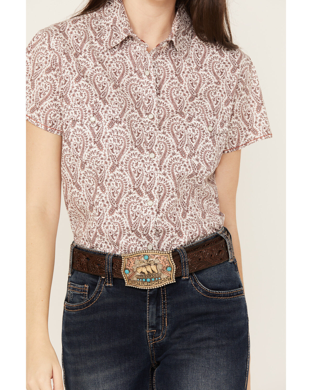 Image #3 - Rough Stock by Panhandle Women's Paisley Print Stretch Short Sleeve Western Snap Shirt, , hi-res
