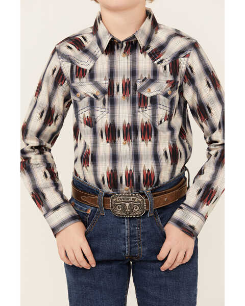 Image #3 - Cody James Boys' Zion Sunset Plaid Print Long Sleeve Snap Western Shirt , Red, hi-res