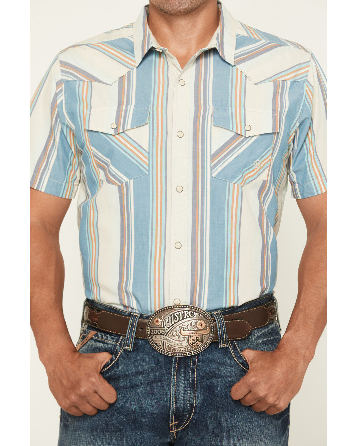 Image #3 - Ariat Men's Hilton Retro Fit Striped Short Sleeve Snap Western Shirt, Off White, hi-res