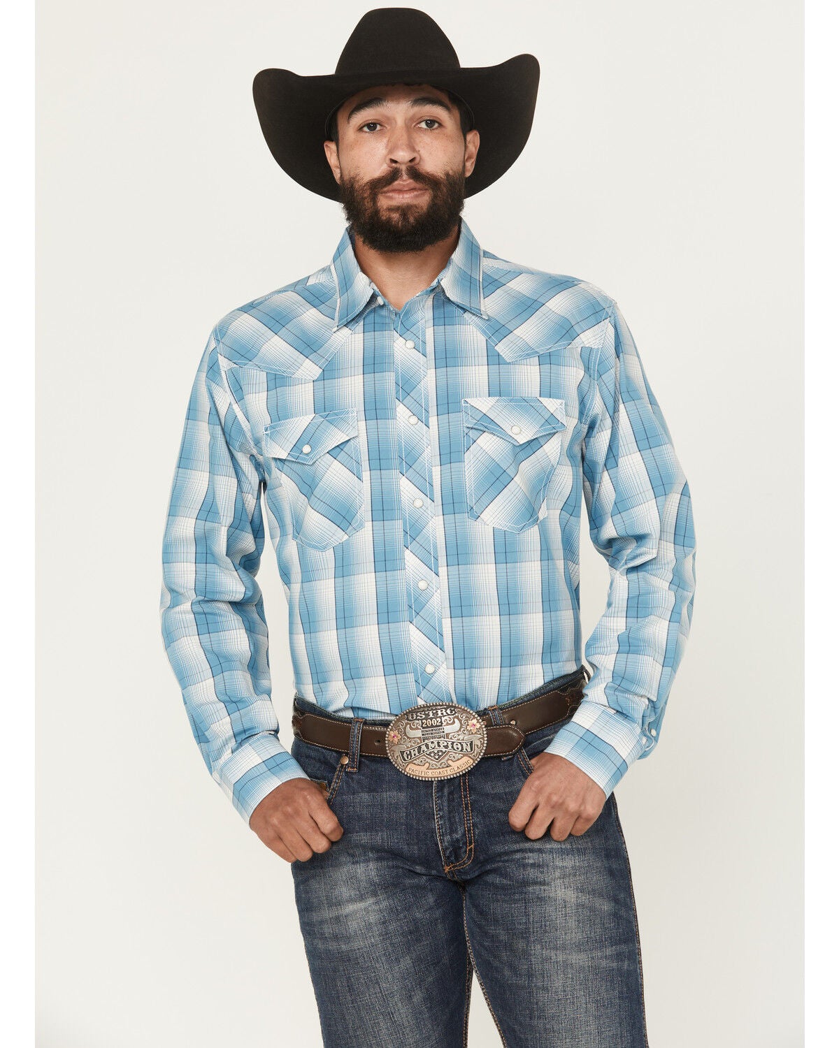 Image #1 - Wrangler 20X Men's Plaid Print Long Sleeve Snap Stretch Western Shirt, Blue, hi-res