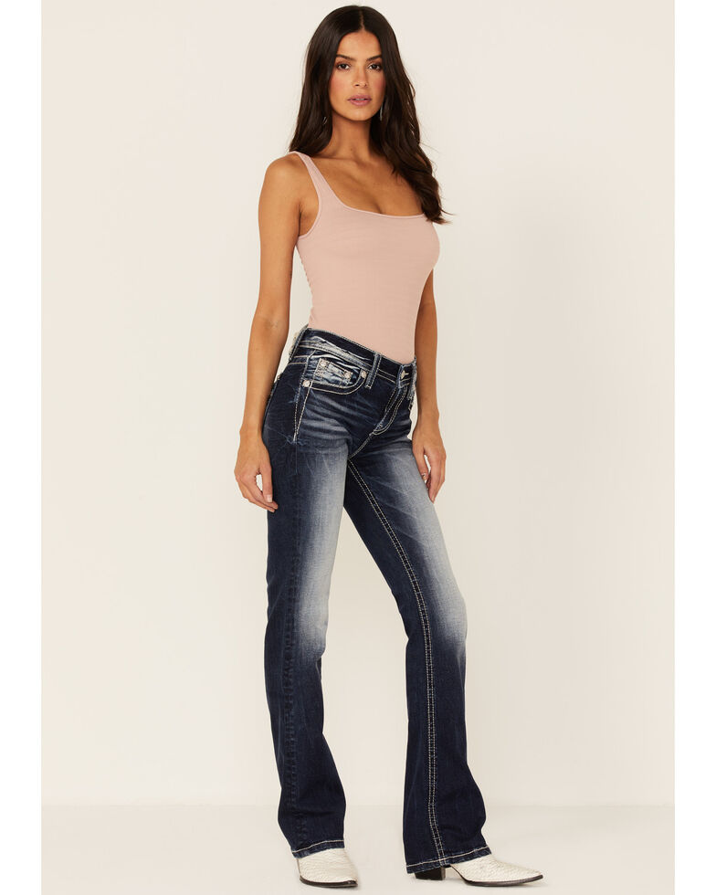 Miss Me Women's Rhinestone & Pearl Stone Mix Fleur De Lis Embroidered Bootcut Jeans, Blue, hi-res