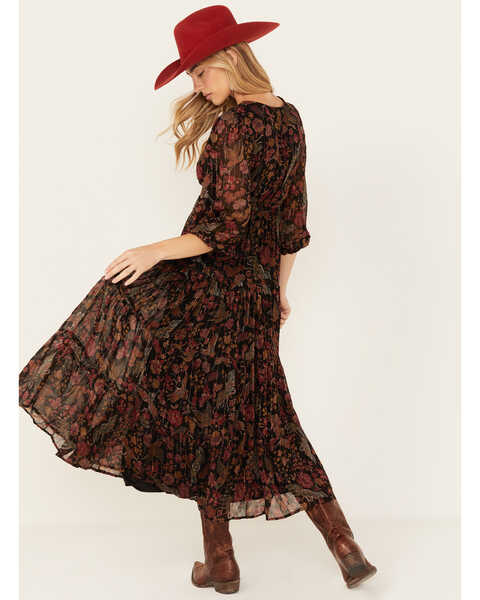 Image #4 - Angie Women's Floral Pleated Long Sleeve Dress, Black, hi-res
