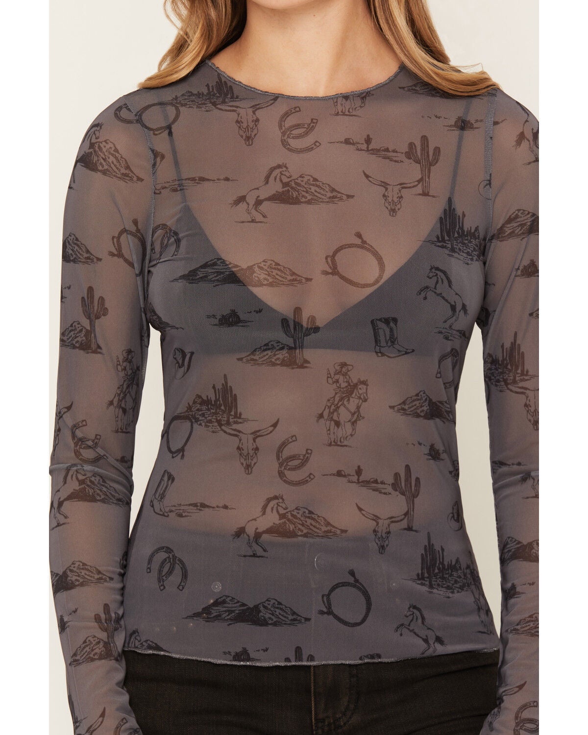 Image #3 - Ash & Violet Women's Conversational Print Long Sleeve Mesh Top, Dark Grey, hi-res
