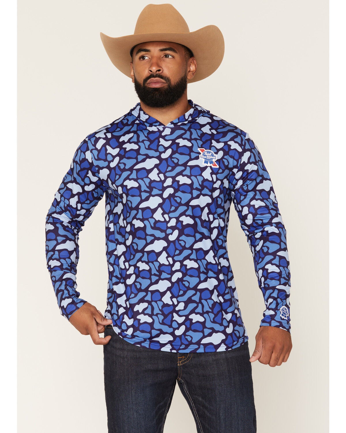 Image #2 - PBR Men's Camo Print Long Sleeve Hooded Shirt, Blue, hi-res