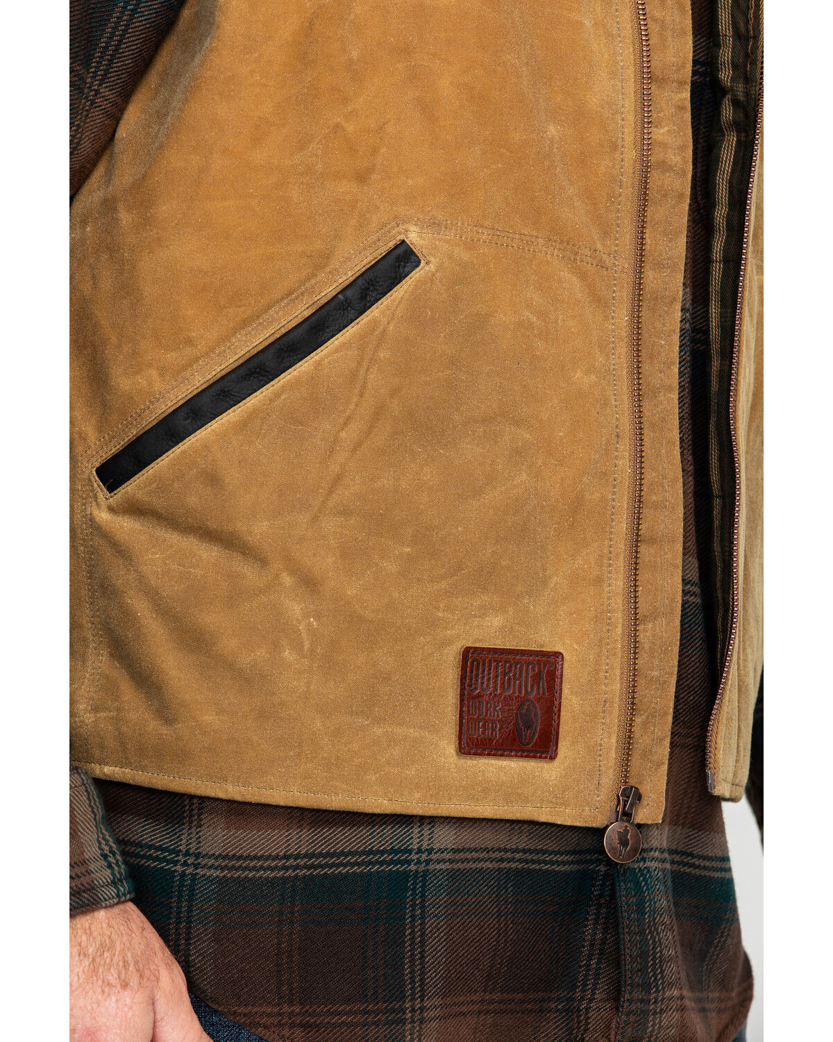 Image #6 - Outback Trading Co Men's Sawbuck Flannel Lined Oilskin Zip-Front Vest, Tan, hi-res