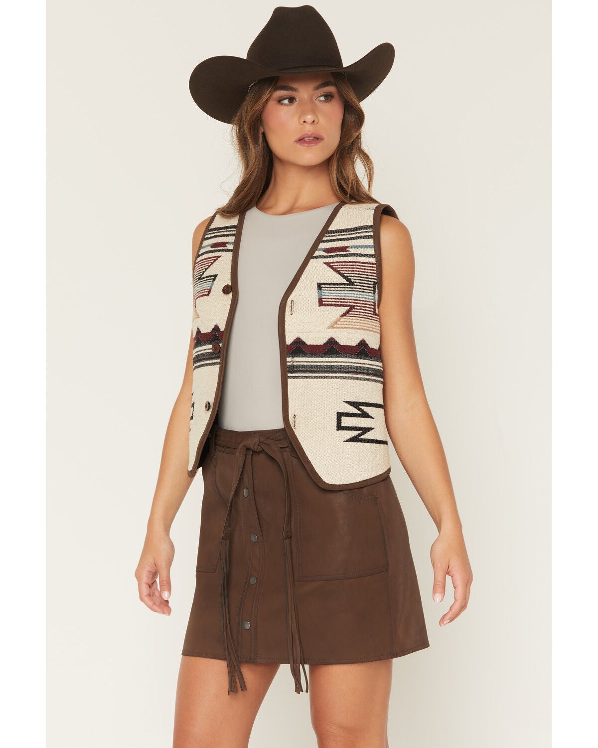 Image #2 - Shyanne Women's Simon Southwestern Print Reversible Button-Down Vest, Khaki, hi-res
