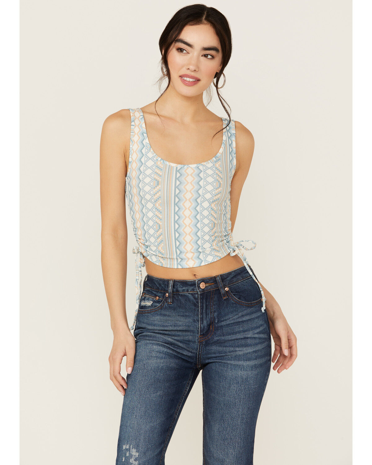 Image #1 - Rock & Roll Denim Women's Chevron Striped Sleeveless Cropped Tank Top, Tan, hi-res