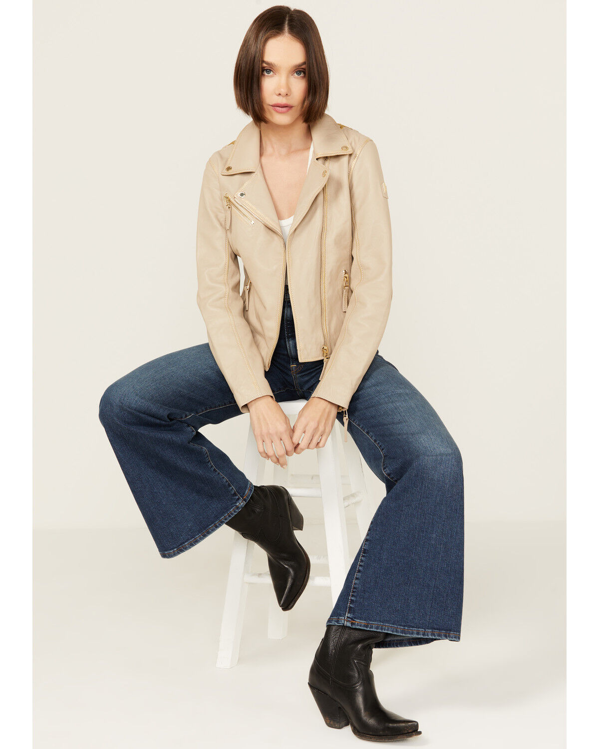 Image #4 - Mauritius Leather Women's Christy Star Zip-Front Moto Leather Jacket, Off White, hi-res