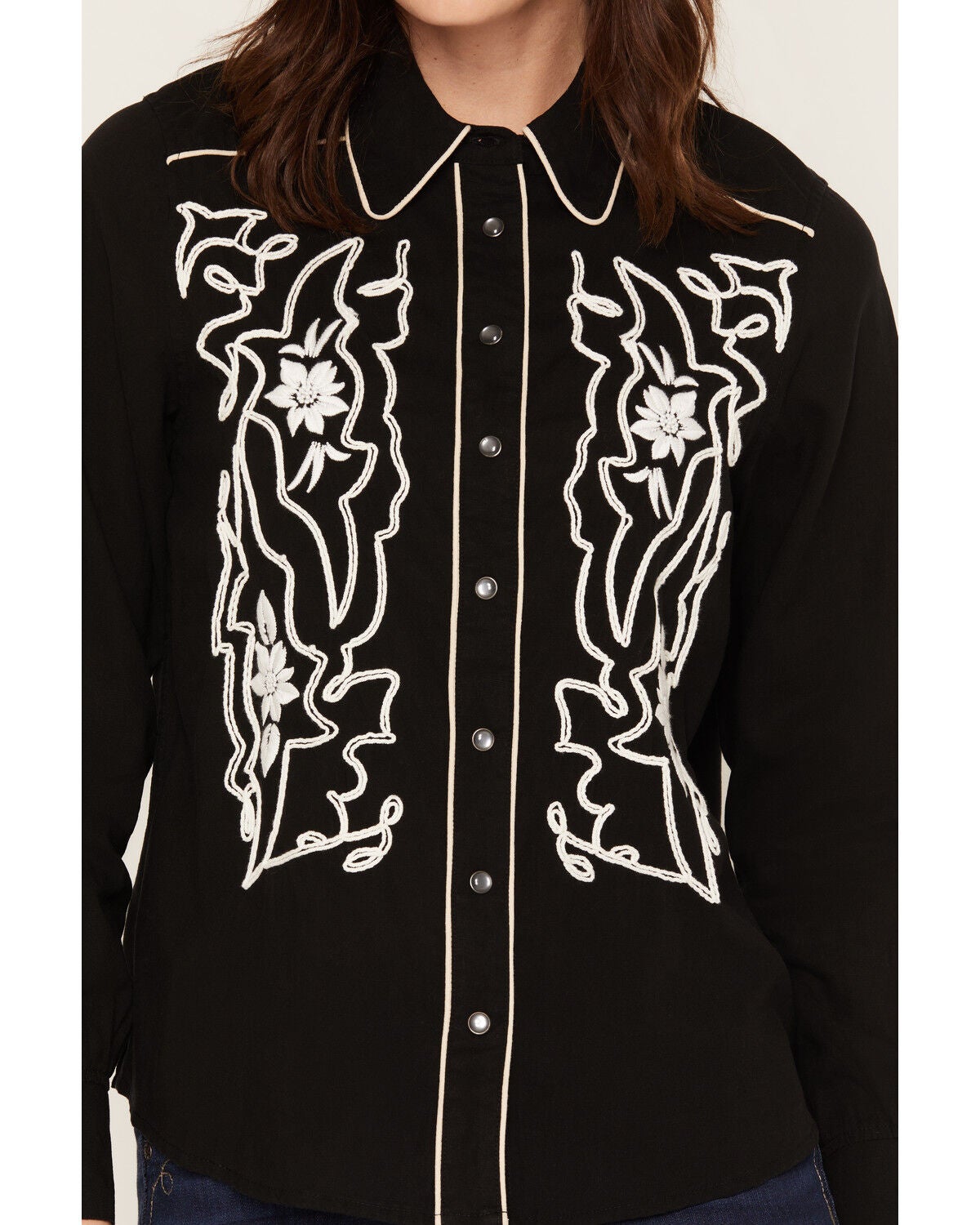 Image #3 - Kimes Ranch Women's Stevie Floral Embroidered Long Sleeve Pearl Snap Western Shirt, Black, hi-res