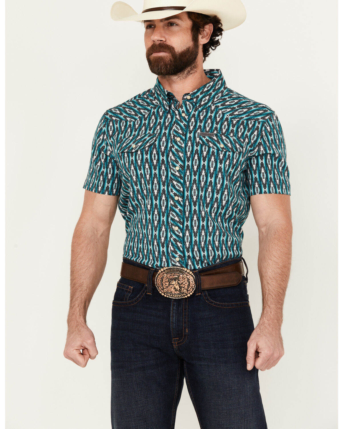 Image #3 - Panhandle Men's Southwestern Print Short Sleeve Snap Western Stretch Western Shirt, Turquoise, hi-res