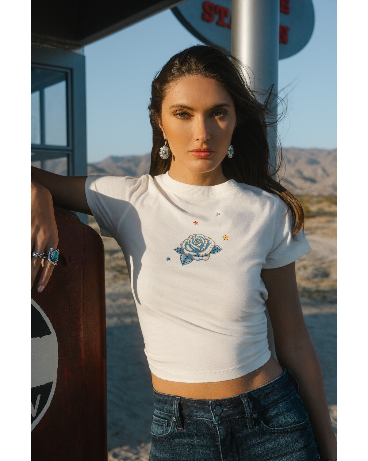 Image #1 - Idyllwind Women's Rhinestone Rose Short Sleeve Cropped Graphic Tee, Ivory, hi-res