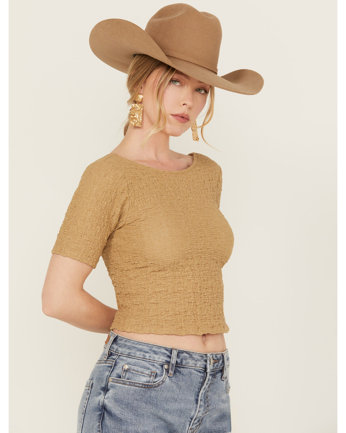 Image #2 - Sadie & Sage Women's Smocked Cropped Tee, Taupe, hi-res