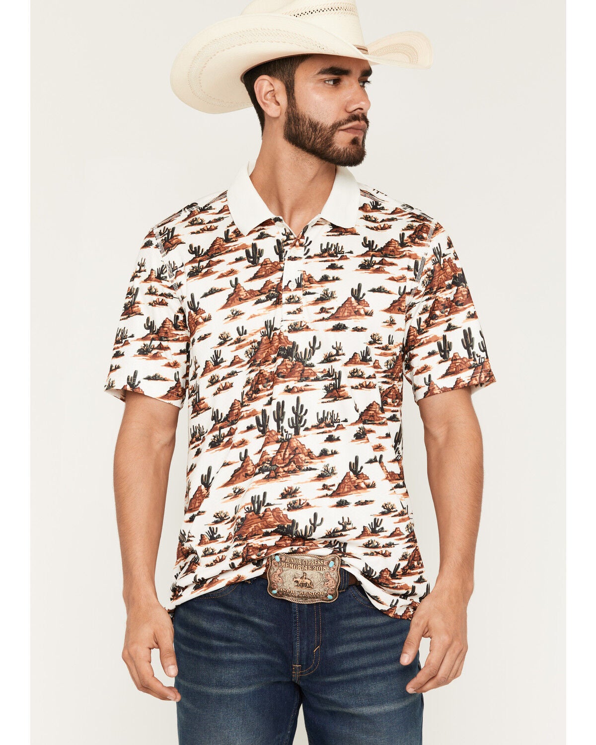 Image #1 - RANK 45&reg; Men's Josey Desert Print Short Sleeve Button-Down Polo Shirt, Cream, hi-res