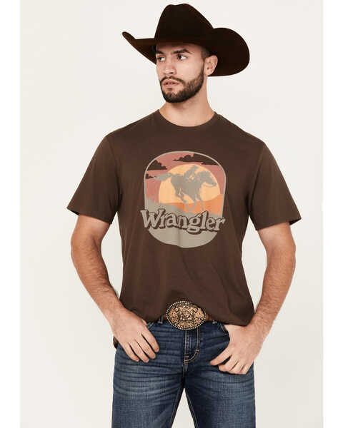 Image #1 - Wrangler Men's Boot Barn Exclusive Cowboy Scenic Logo Short Sleeve Graphic Print , Chocolate, hi-res