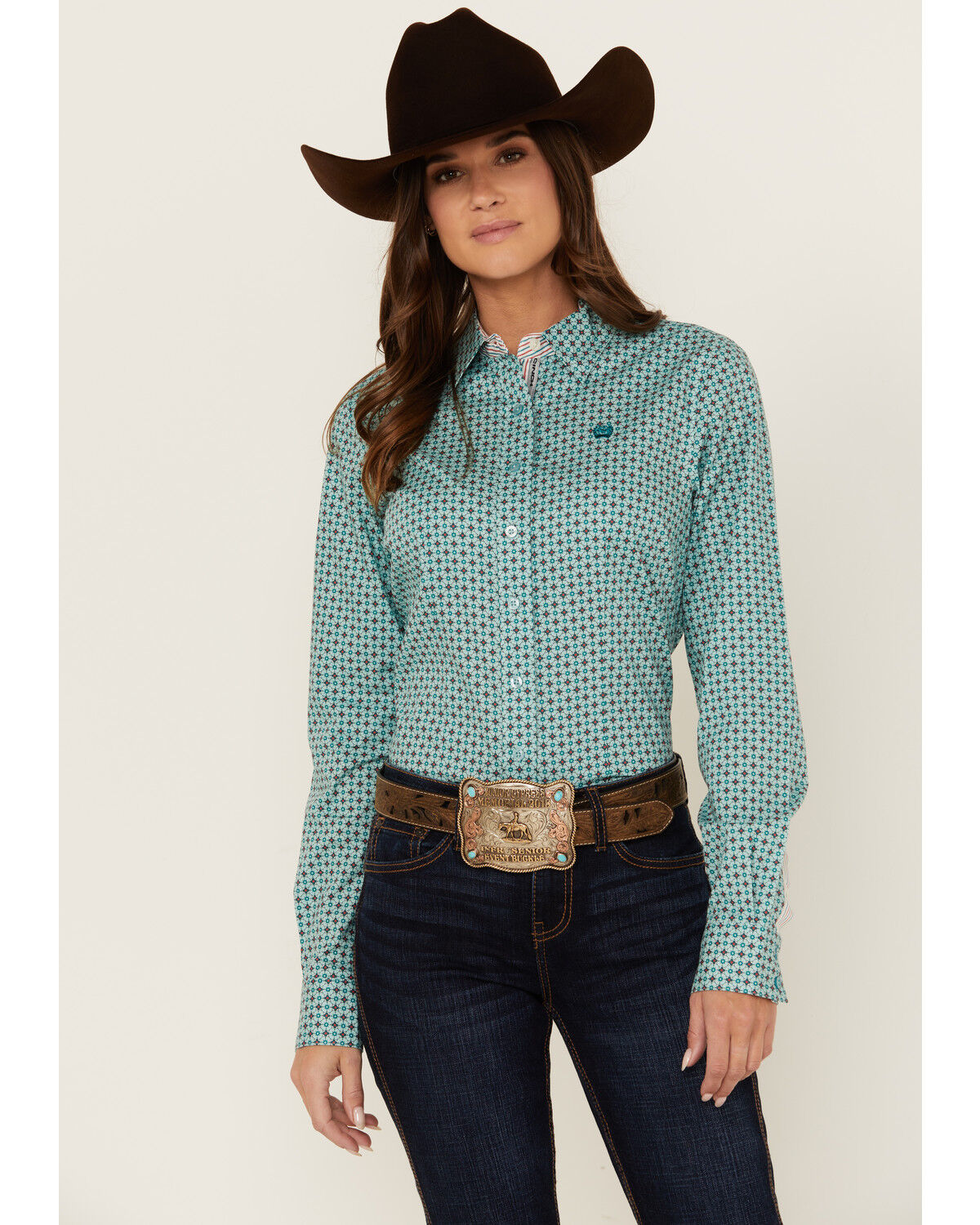 Image #1 - Cinch Women's Printed Long Sleeve Button-Down Western Shirt, Light Blue, hi-res