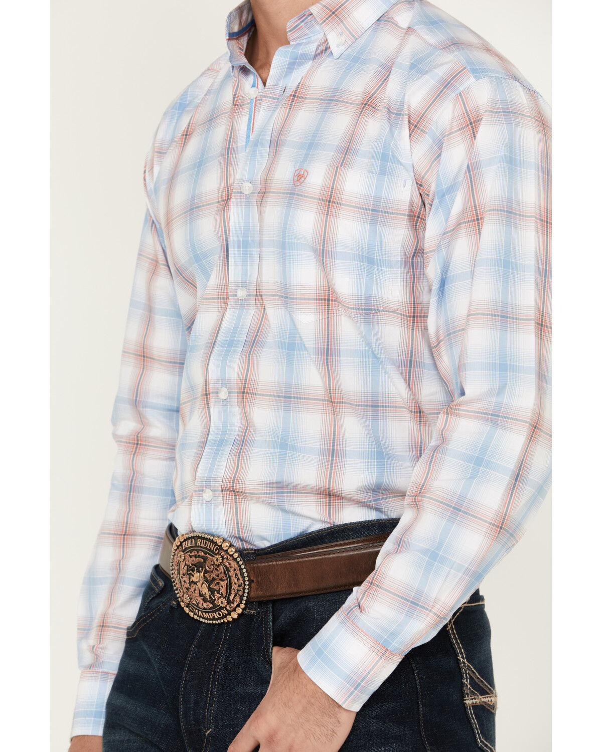 Image #3 - Ariat Men's Joshua Ombre Plaid Print Long Sleeve Button-Down Performance Western Shirt, Teal, hi-res