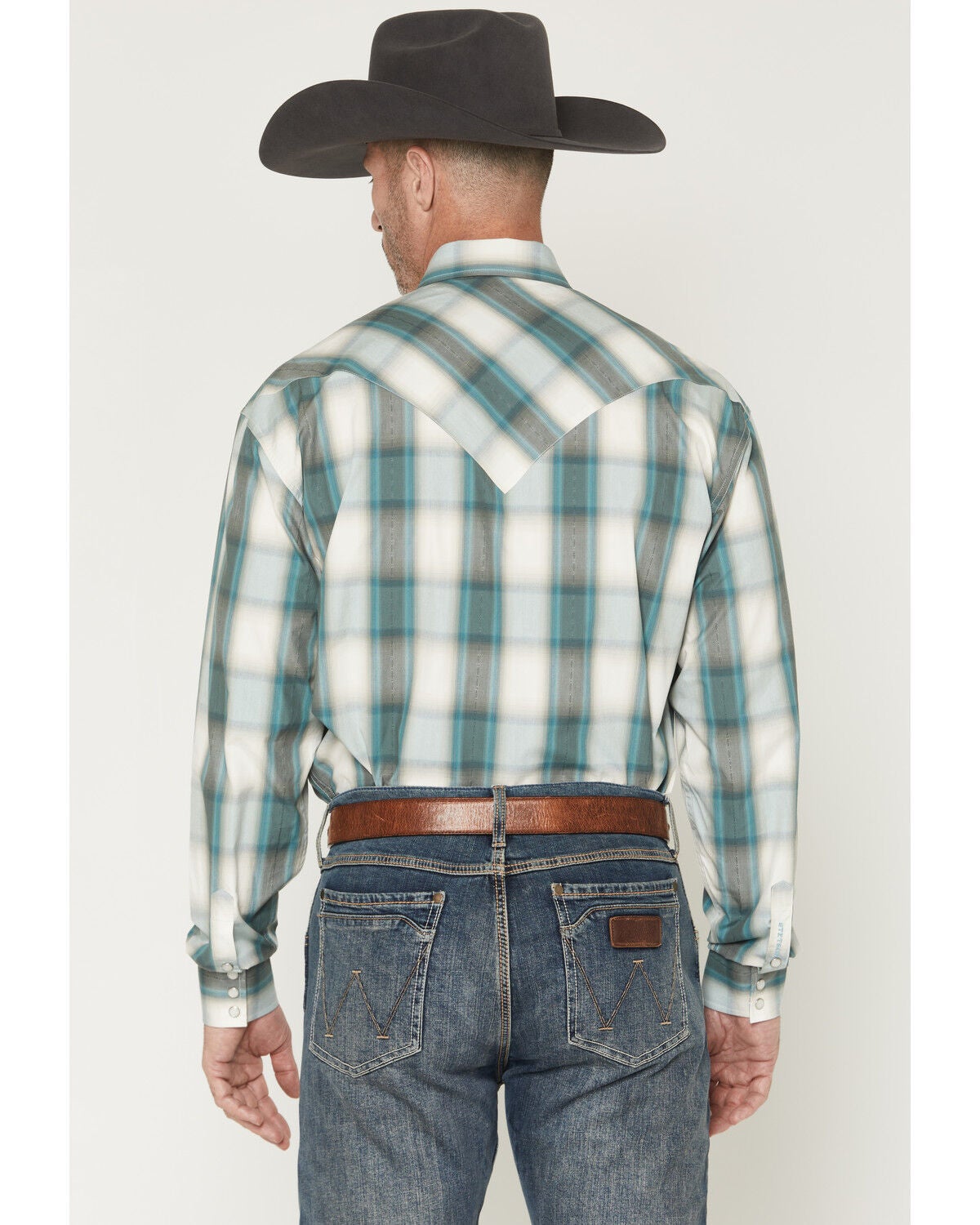 Image #4 - Stetson Men's Dobby Plaid Print Long Sleeve Snap Western Shirt, Blue, hi-res