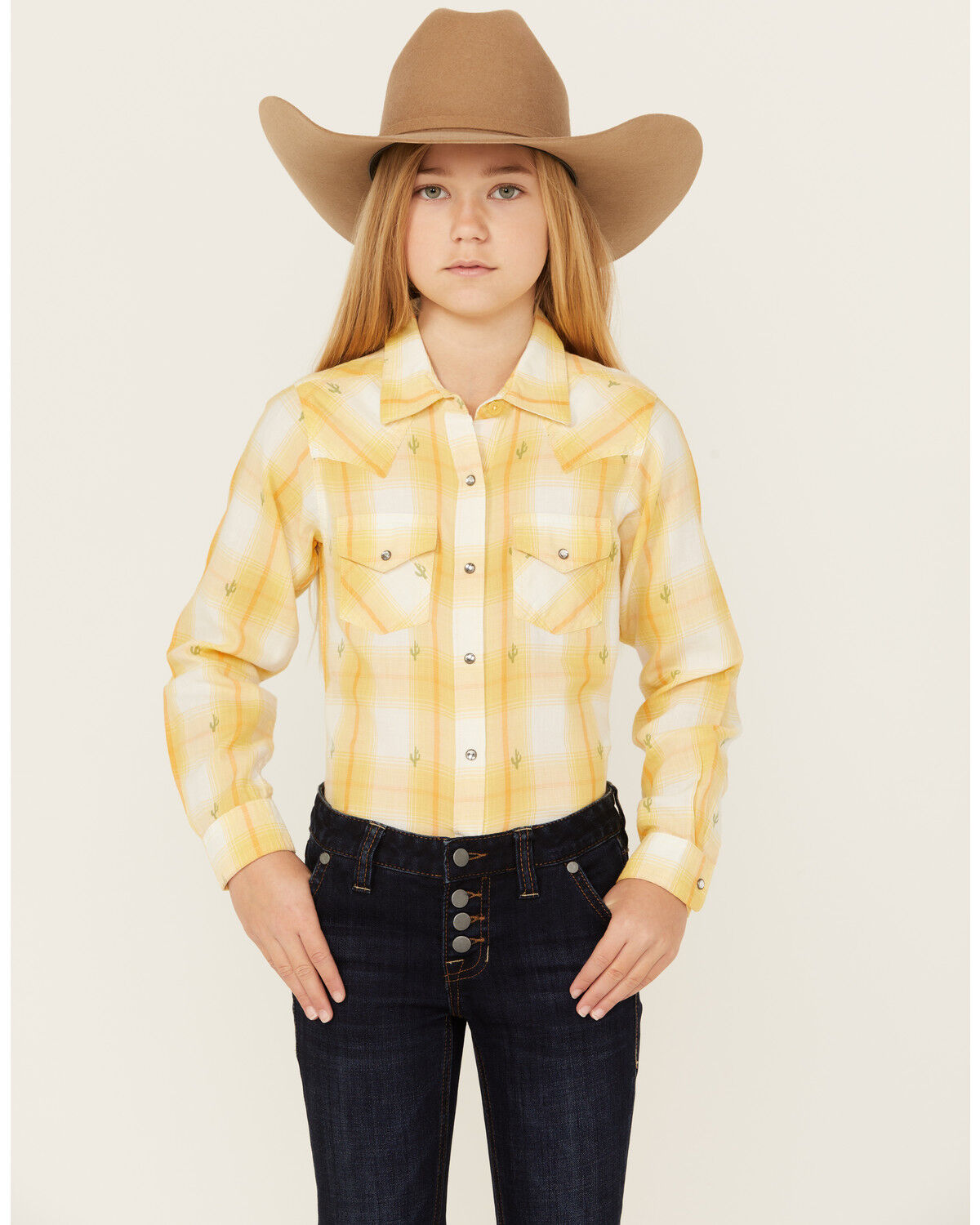 Image #1 - Ariat Girls' Glenrock Cactus Plaid Print Long Sleeve Rhinestone Snap Western Shirt, Yellow, hi-res