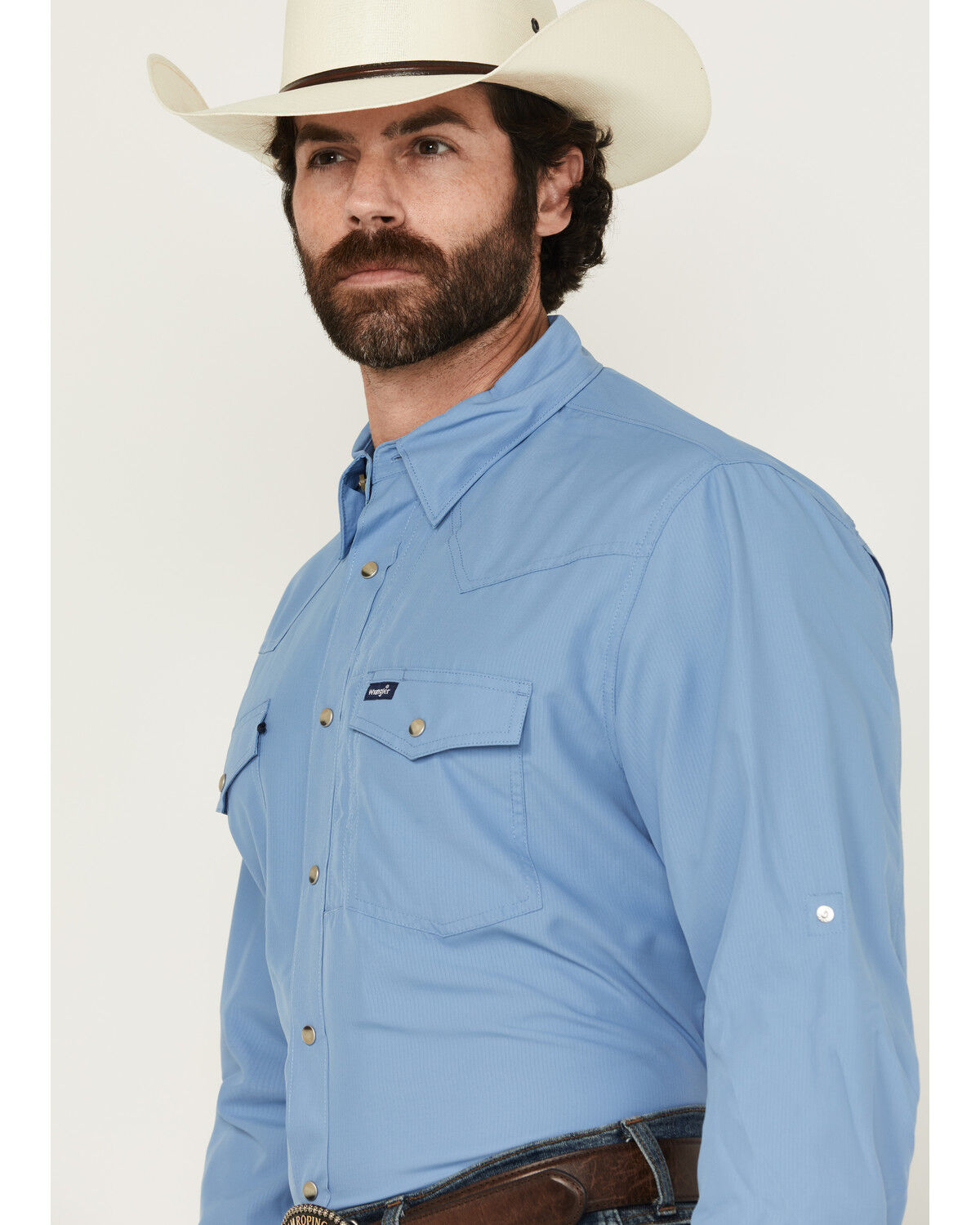 Image #2 - Wrangler Men's Solid Long Sleeve Snap Performance Western Shirt, Blue, hi-res