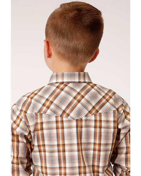 Roper Boys' Classic Brown Plaid Long Sleeve Western Shirt , Brown, hi-res