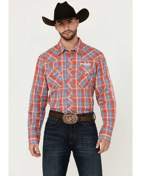 Image #1 - Wrangler Men's Logo Plaid Print Long Sleeve Snap Western Shirt , Red, hi-res