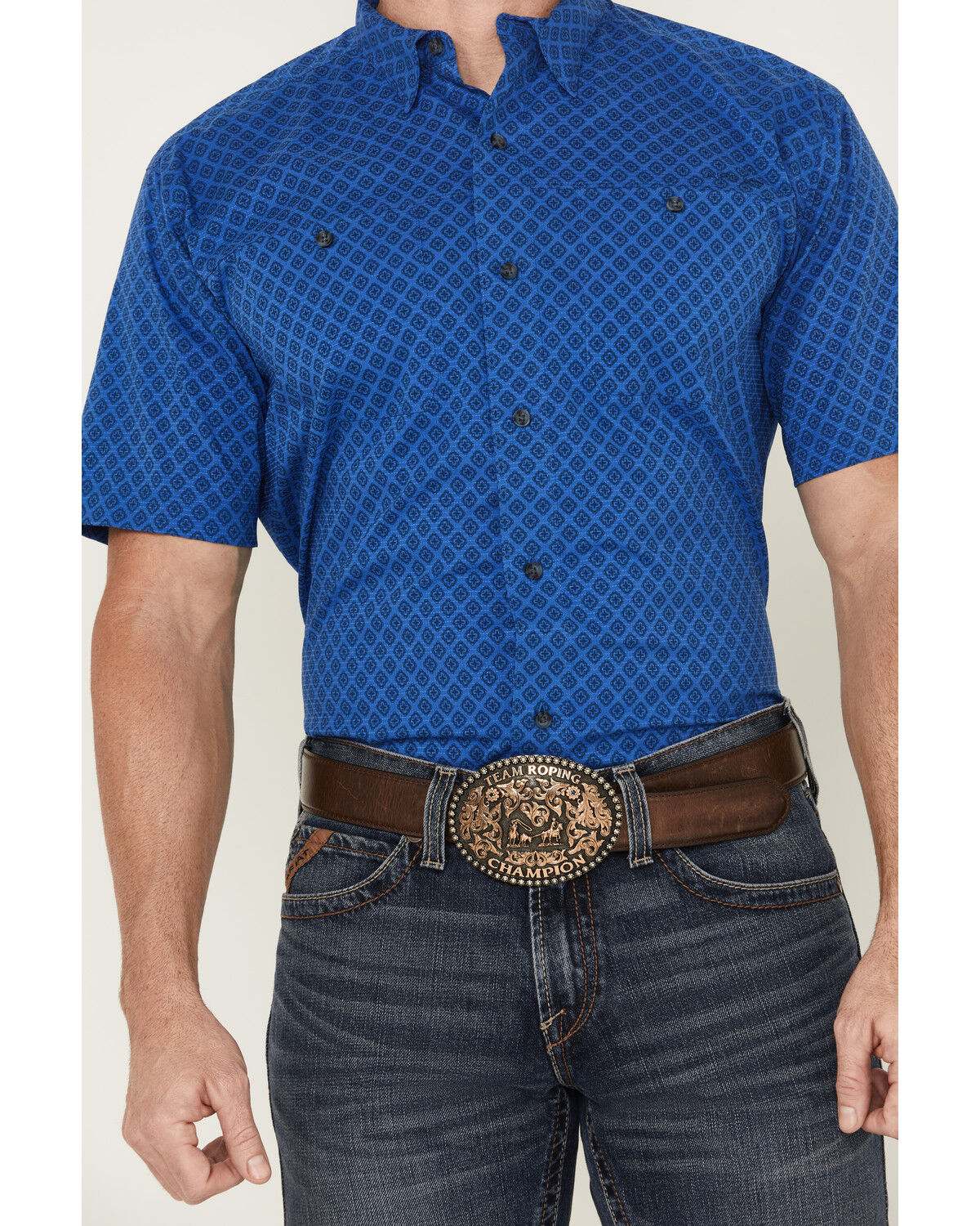 Image #3 - Ariat Men's 360 Medallion Print Short Sleeve Button-Down Performance Western Shirt - Big, Royal Blue, hi-res