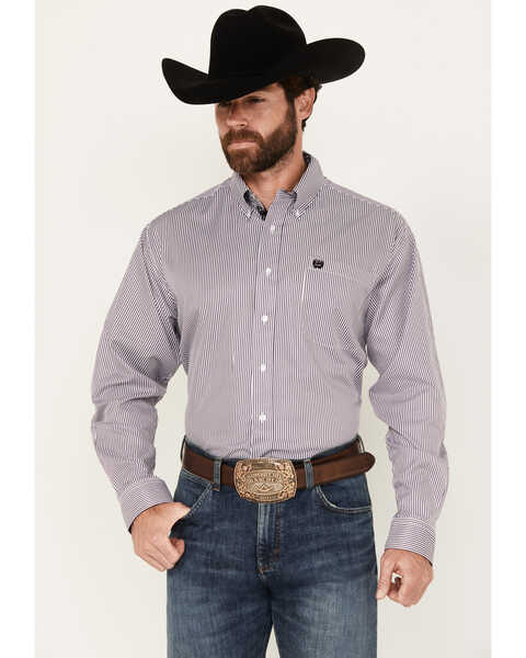 Image #1 - Cinch Men's Tencel Striped Long Sleeve Button-Down Western Shirt, Purple, hi-res