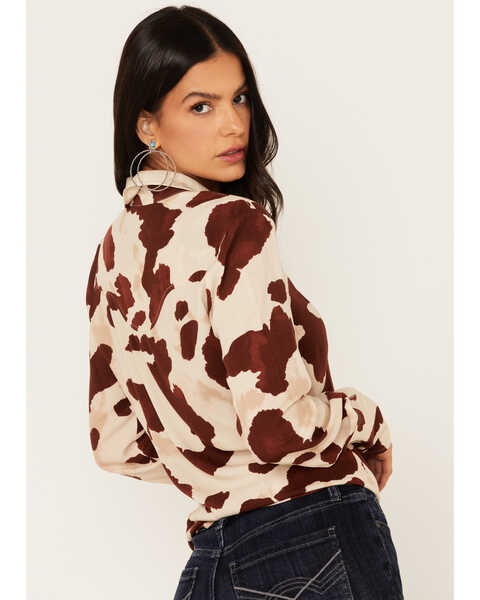 Image #3 - Idyllwind Women's Cow Print Tie Front Long Sleeve Western Shirt, Cream, hi-res