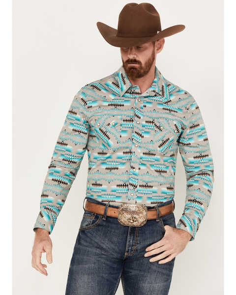 Image #1 - Rock & Roll Denim Men's Southwestern Print Long Sleeve Snap Western Shirt, Turquoise, hi-res