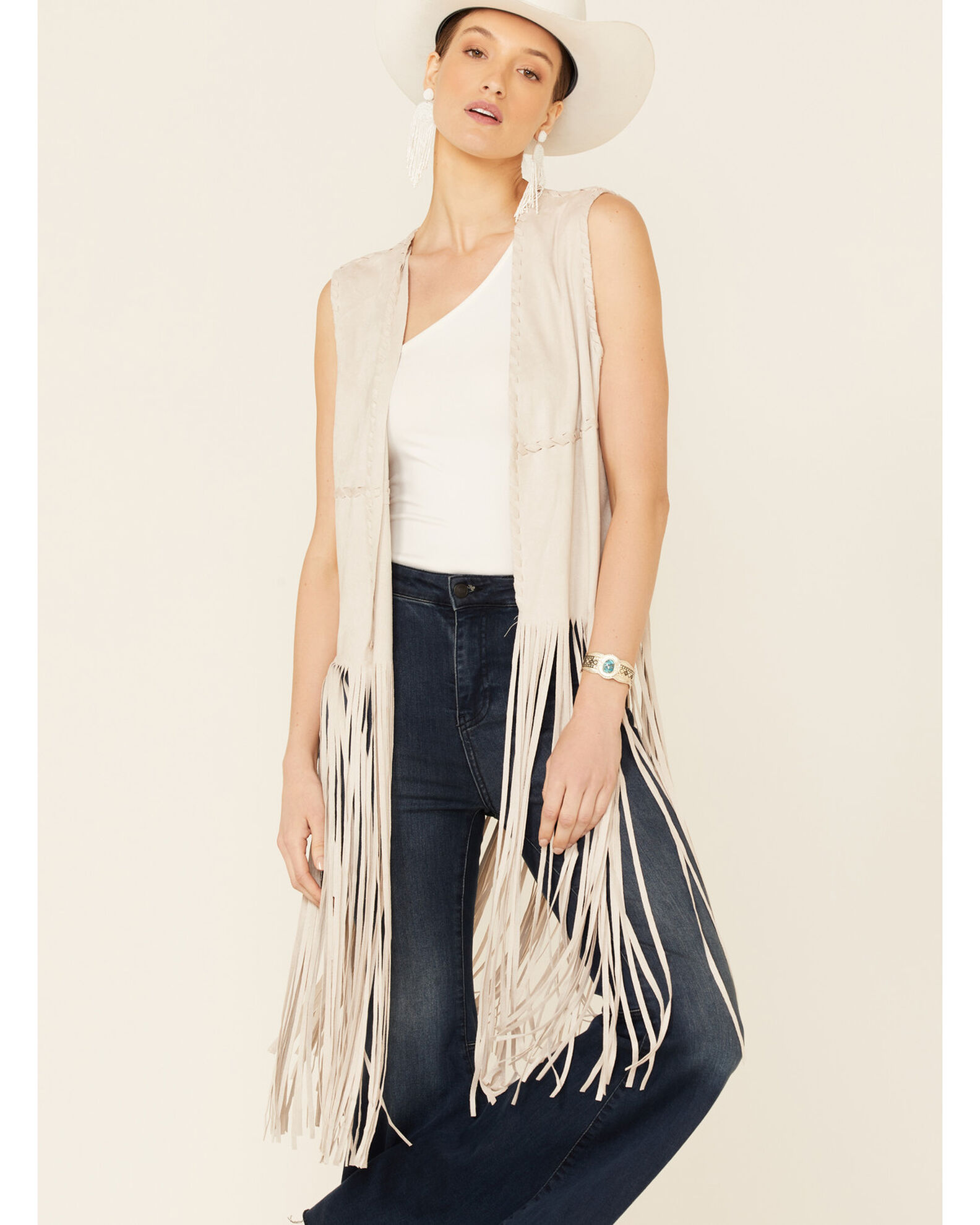 Image #1 - Fornia Women's Fringe Faux Suede Vest, Stone, hi-res