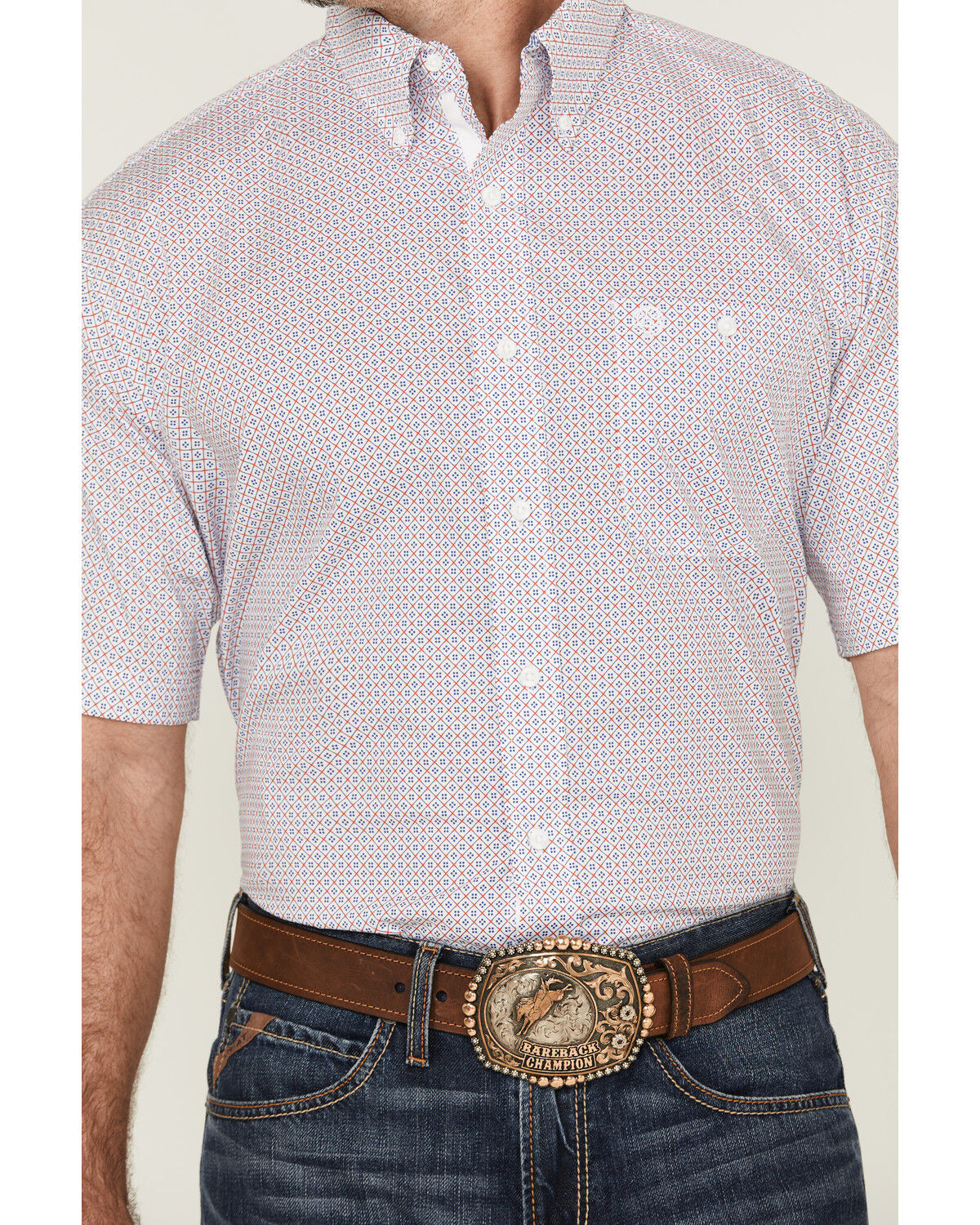Image #3 - George Strait by Wrangler Men's Geo Print Short Sleeve Button-Down Stretch Western Shirt, Red, hi-res