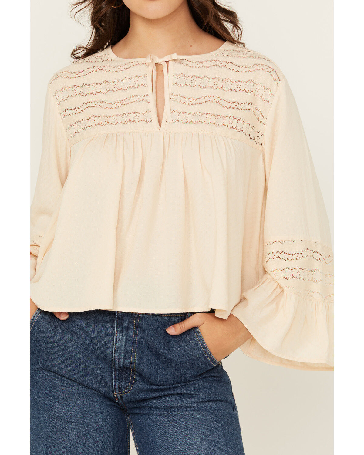 Image #3 - Cleo + Wolf Women's Lace Front Long Sleeve Peasant Top, Oatmeal, hi-res