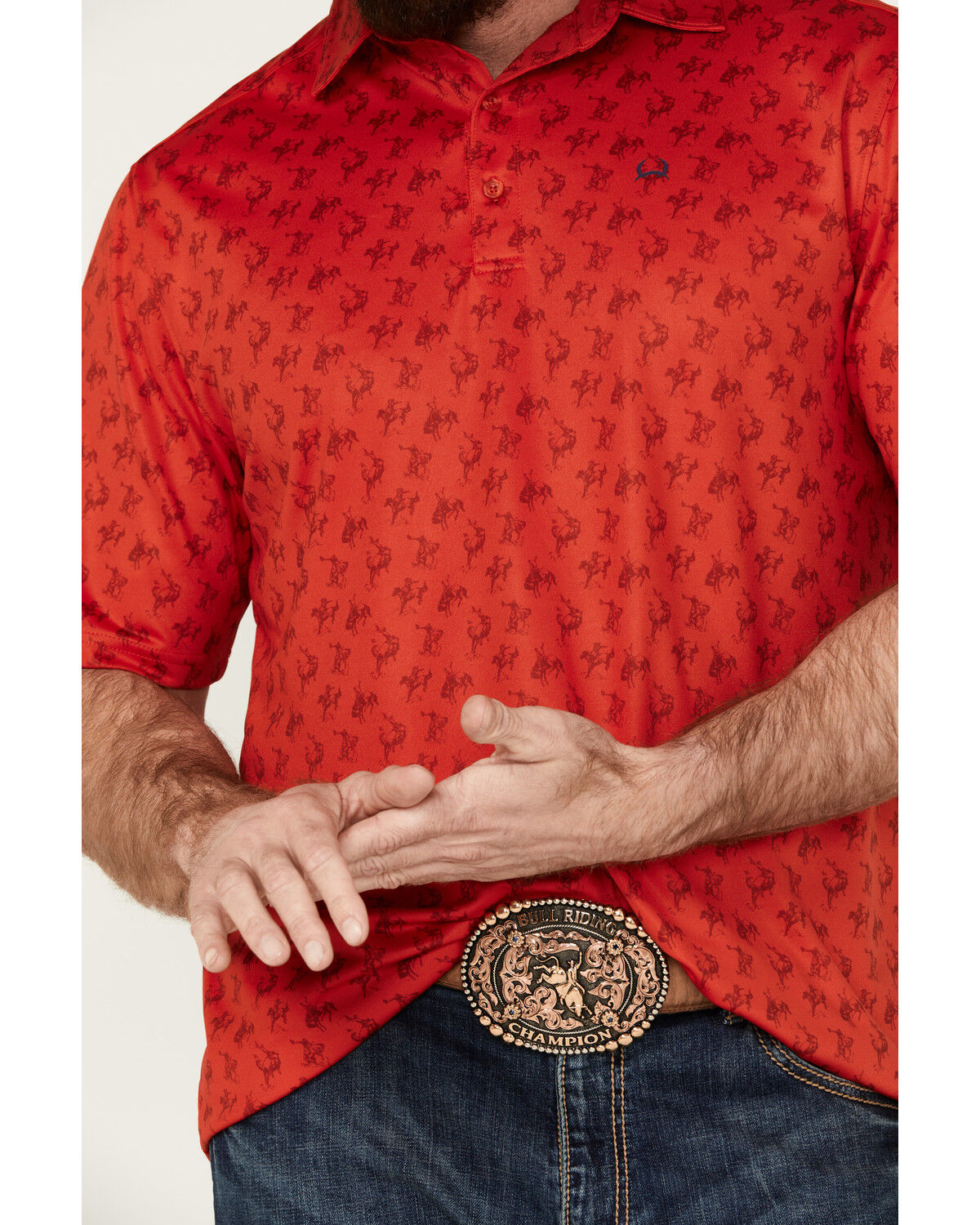 Image #3 - Cinch Men's ARENAFLEX® Cowboy Print Short Sleeve Performance Polo, Red, hi-res