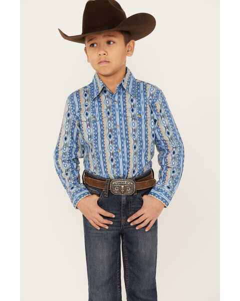 Wrangler Boys' Southwestern Print Long Sleeve Western Snap Shirt, Blue, hi-res