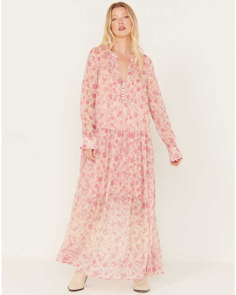 Image #1 - Free People Women's See It Through Floral Long Sleeve Maxi Dress, Pink, hi-res