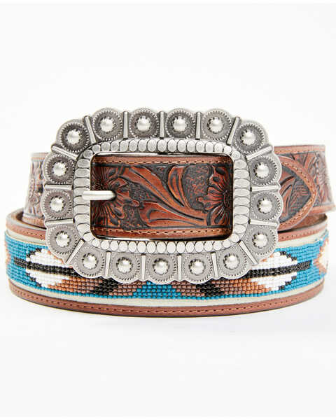 Idyllwind Women's Genuine Leather Windriver Seed Bead Belt, Brown, hi-res