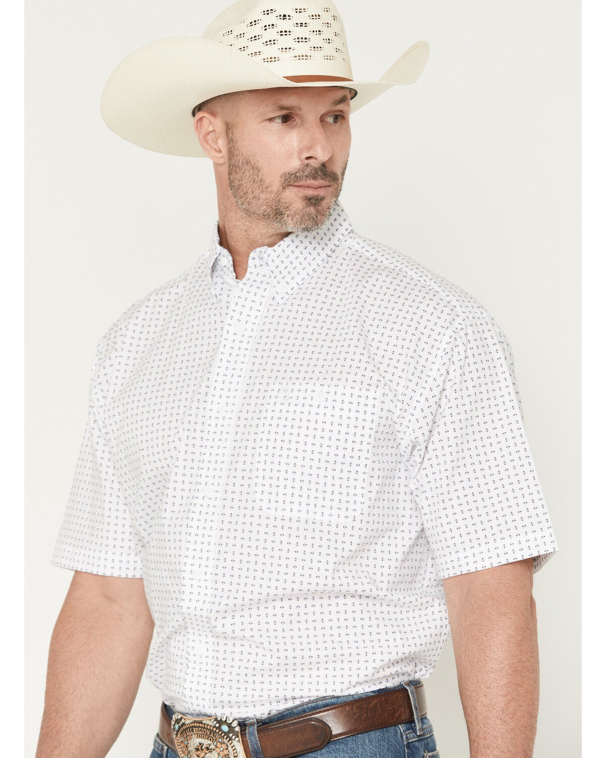 Image #2 - George Strait by Wrangler Men's Geo Print Short Sleeve Button-Down Stretch Western Shirt, White, hi-res