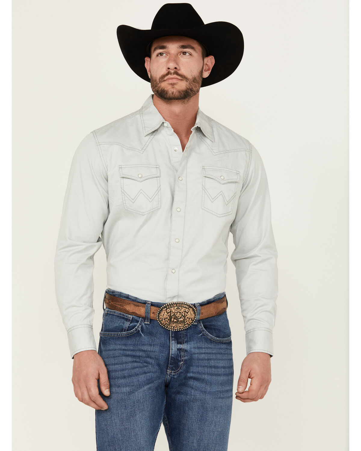 Image #1 - Wrangler Retro Men's Premium Solid Long Sleeve Snap Western Shirt, Grey, hi-res