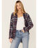 Angie Women's Blue Double Faced Fray Hem Plaid Shirt, Blue, hi-res