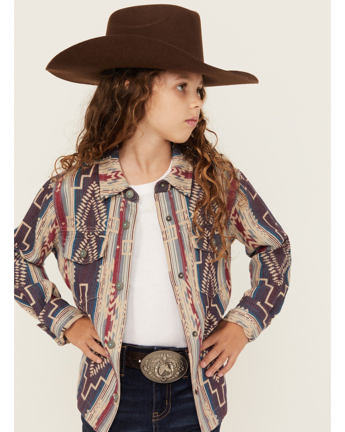 Shyanne Girls' Southwestern Striped Print Long Sleeve Snap Shacket, Fuchsia, hi-res