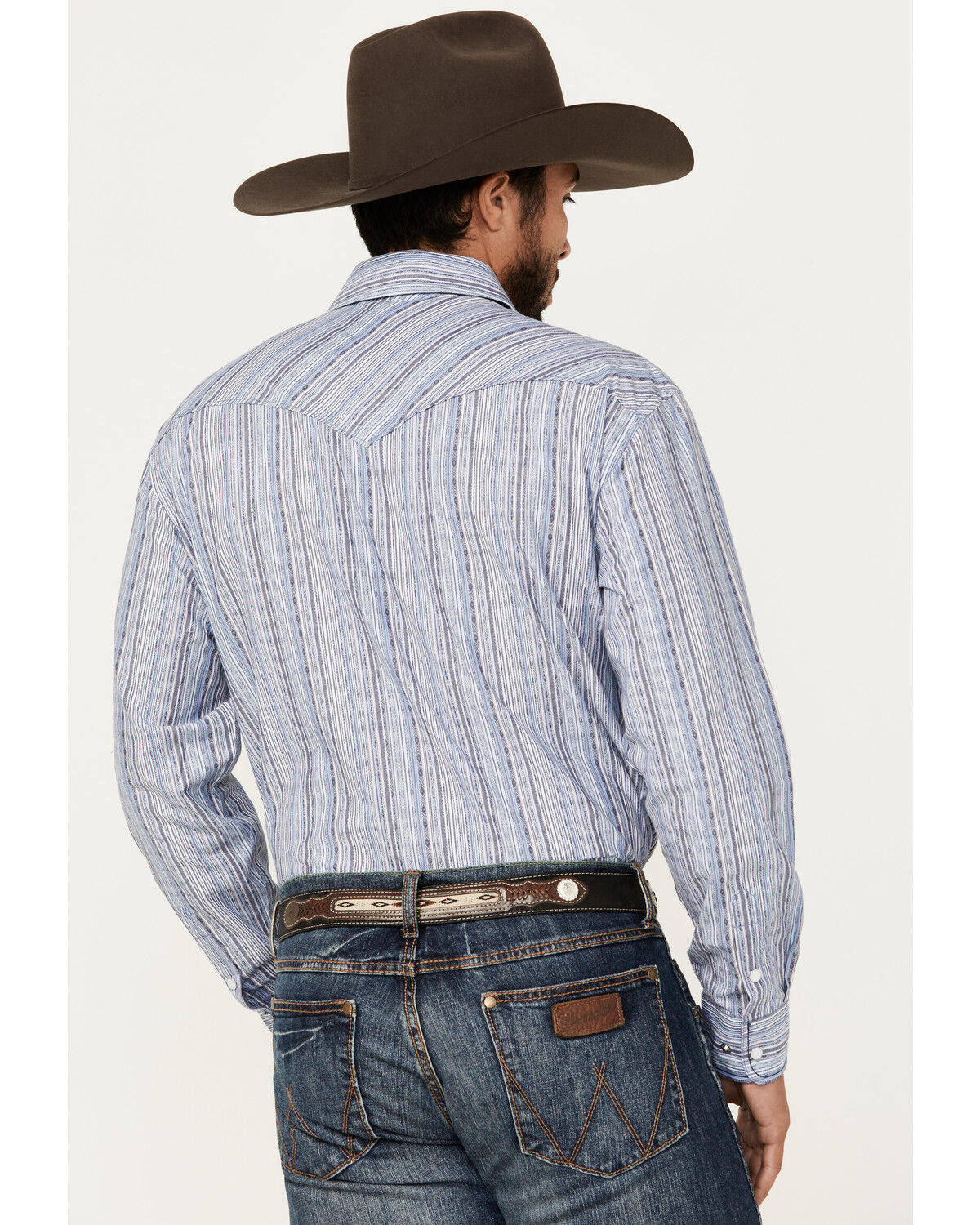Image #4 - Rough Stock by Panhandle Men's Striped Long Sleeve Pearl Snap Stretch Western Shirt, Blue, hi-res