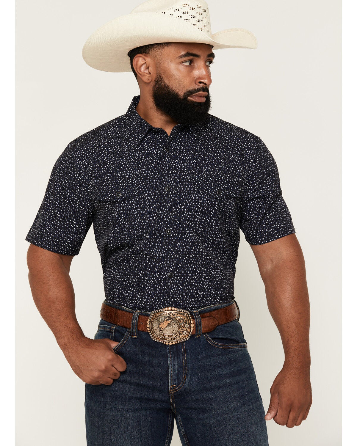 RANK 45&reg; Men's Rodeo Tech 2.0 8 Spec Geo Print Short Sleeve Snap Stretch Performance Shirt, Black, hi-res