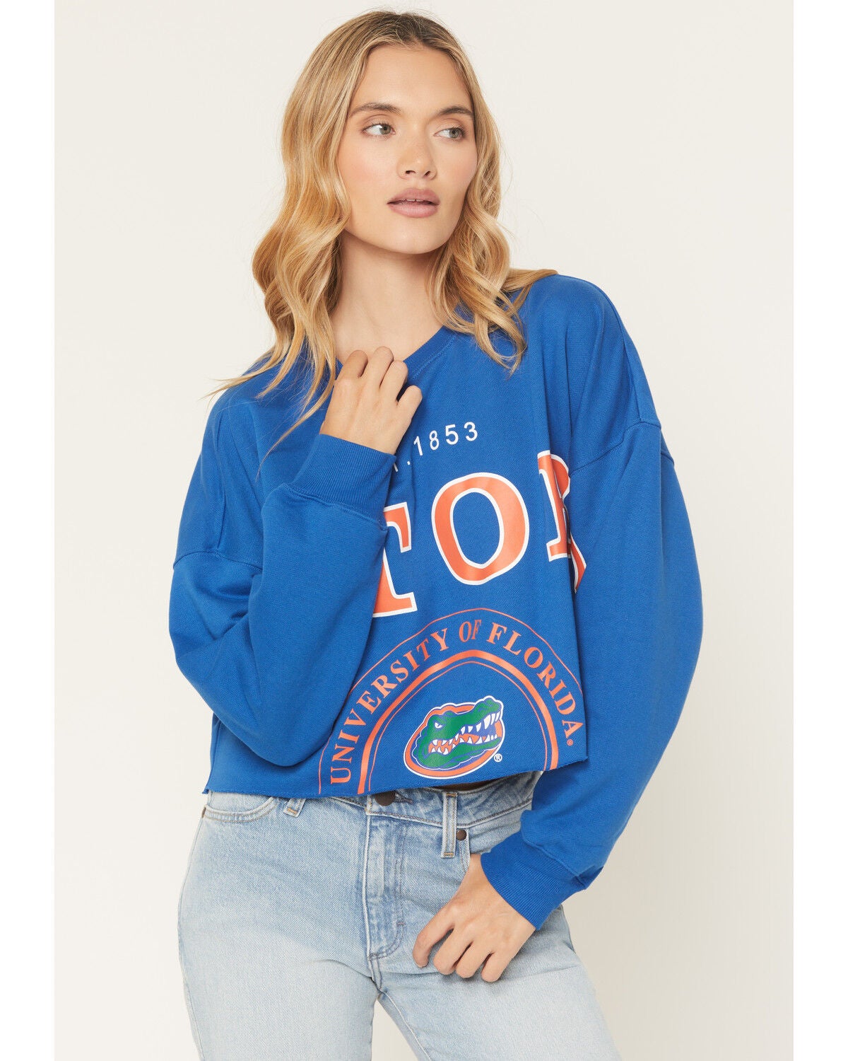 Image #1 - Gameday Women's University of Florida Split Long Sleeve Cropped Graphic Tee, Royal Blue, hi-res