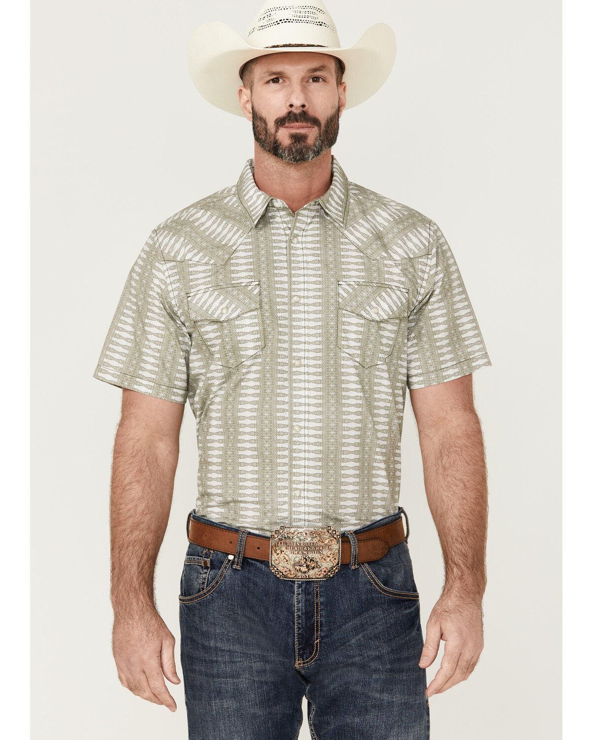 Image #1 - Gibson Men's Cream Southwestern Stripe Short Sleeve Pearl Snap Western Shirt, Cream, hi-res