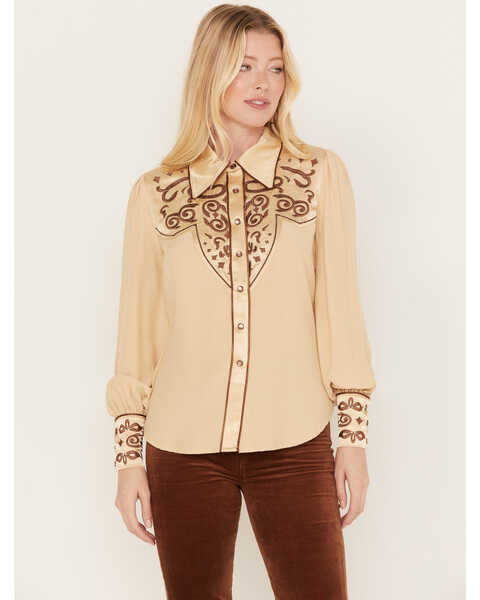 Image #1 - Shyanne Women's Long Sleeve Embroidered Western Snap Shirt, Taupe, hi-res